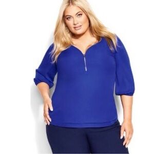 CITY CHIC Sexy Fling Elbow Sleeve Top | Plus 16 (S) | Blue | Flowy Zip Blouse